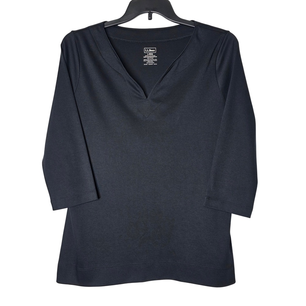 LL Bean Supima Cotton Split Neck Top Black 3/4 Sleeve Size L 300325